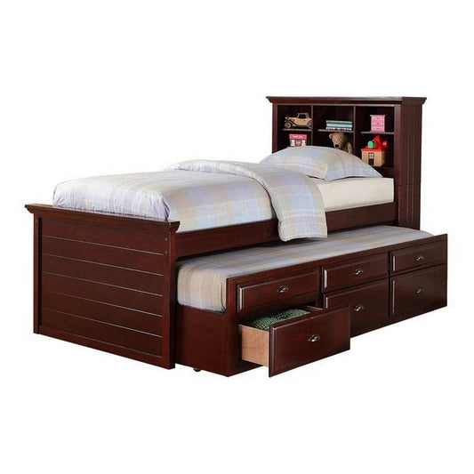 Toni Twin Size Trundle Bed with 6 Drawers, Bookcase Headboard, Brown Wood By Casagear Home