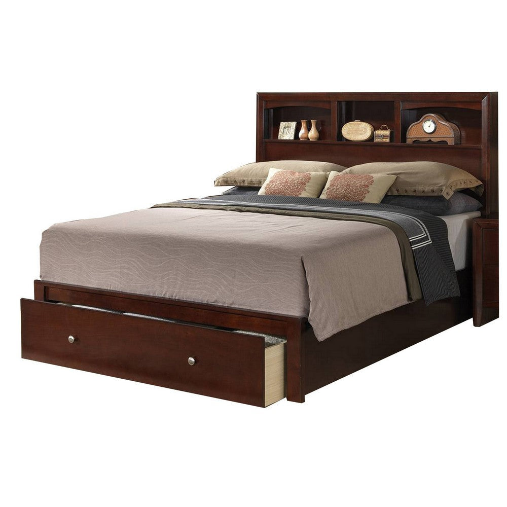 Queen Bed with Storage Footboard, Bookcase Headboard, Modern Cherry Brown By Casagear Home