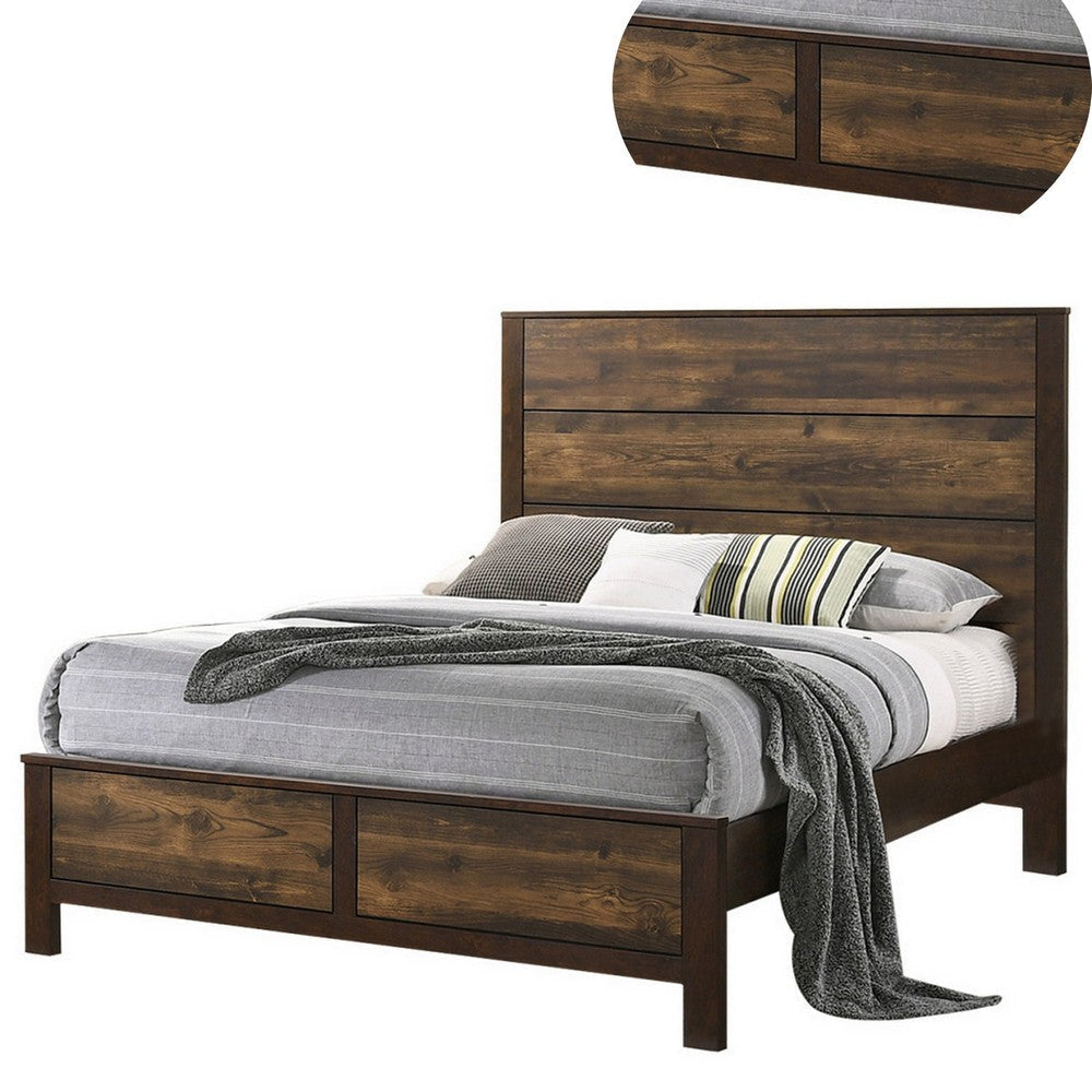 Roki Platform King Size Bed with Panel Design Rustic Dark Brown Finish By Casagear Home BM301445