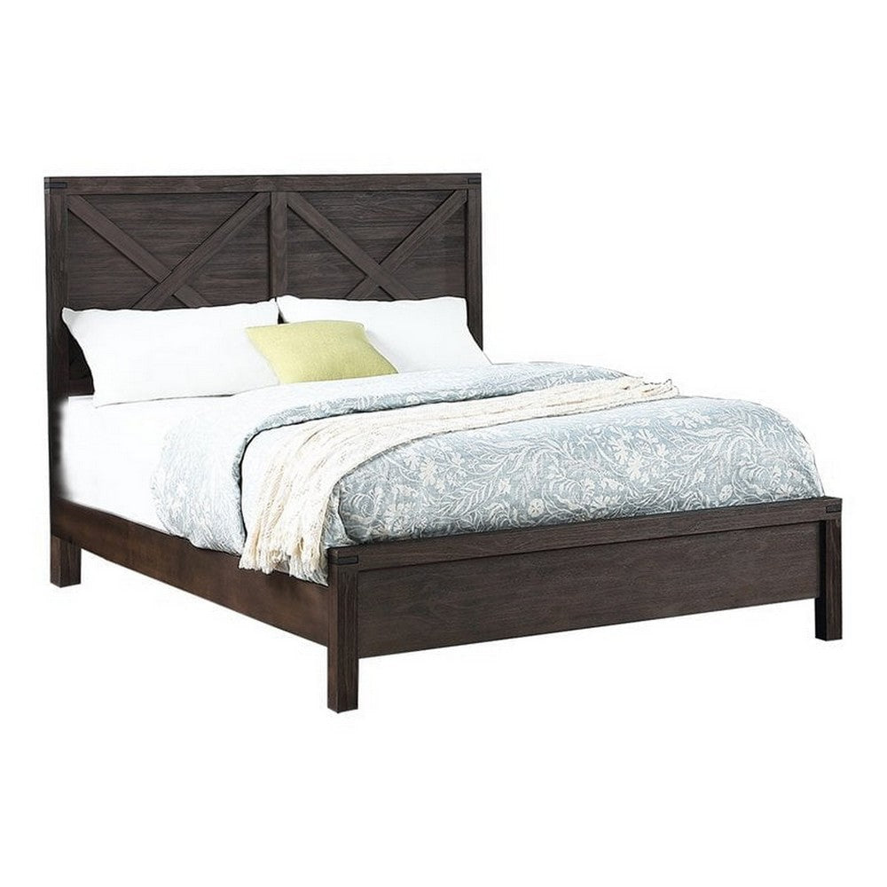 Yale Platform King Size Bed, Crossed Accent Panel, Dark Walnut Brown By Casagear Home