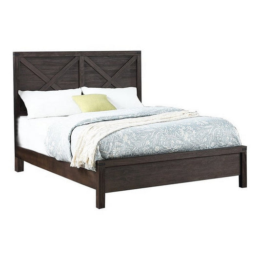 Yale Platform Queen Size Bed, Crossed Accent Panel, Dark Walnut Brown By Casagear Home