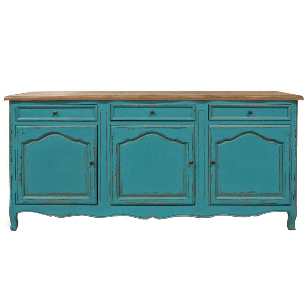 74 Inch Sideboard Buffet Cabinet, 3 Doors and Drawers, Painted Teal Finish By Casagear Home