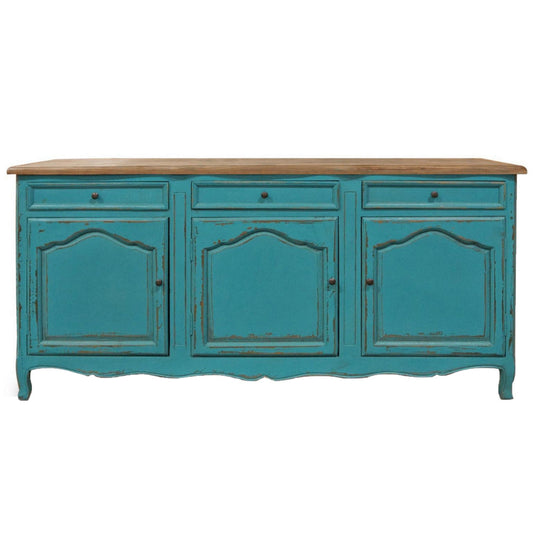 74 Inch Sideboard Buffet Cabinet, 3 Doors and Drawers, Painted Teal Finish By Casagear Home