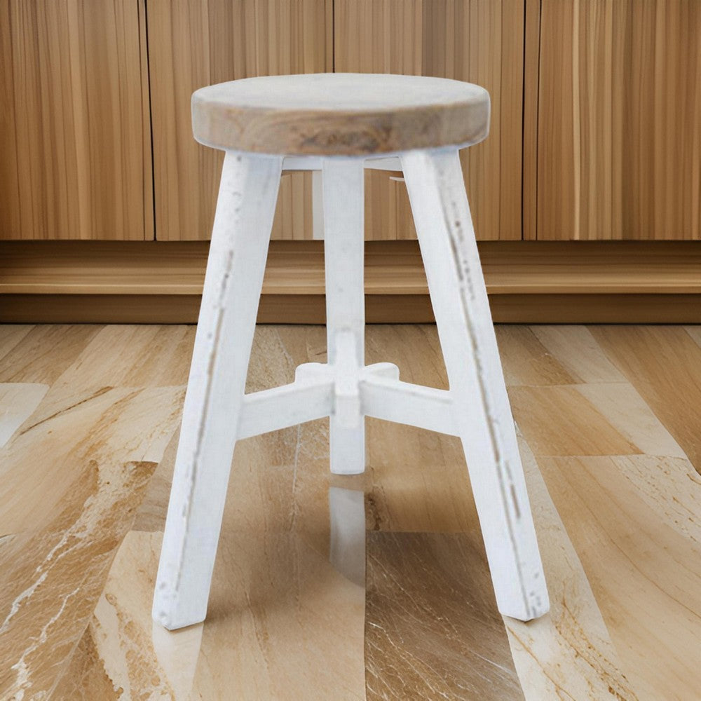 17" Accent Stool, Brown Seat, Hand Painted White Tripod Legs By Casagear Home