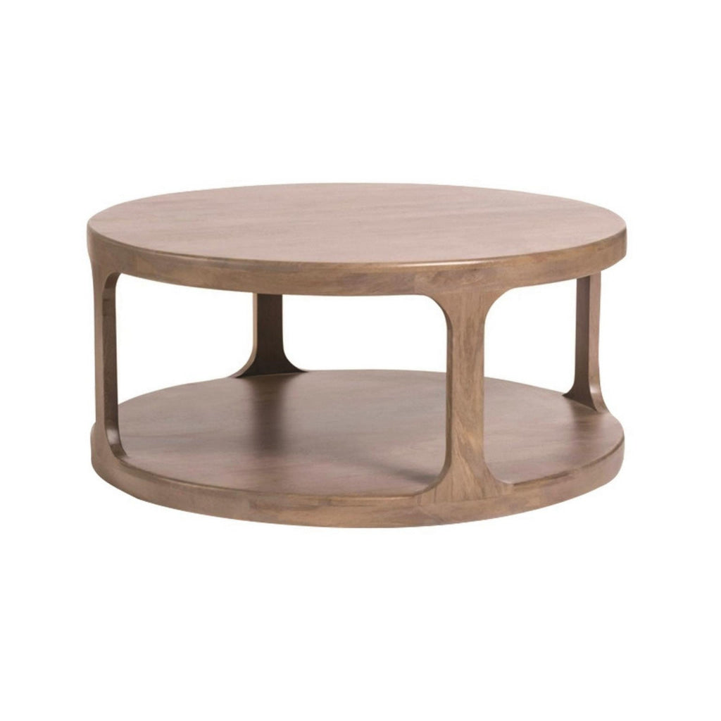 46 Inch Round Pillar Coffee Table with Shelf Rough Hewn Distressed Brown By Casagear Home BM301542