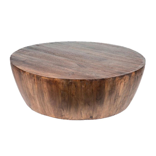 40 Inch Mango Wood Conversation Coffee Table, Smooth Drum Shape, Rich Brown By Casagear Home