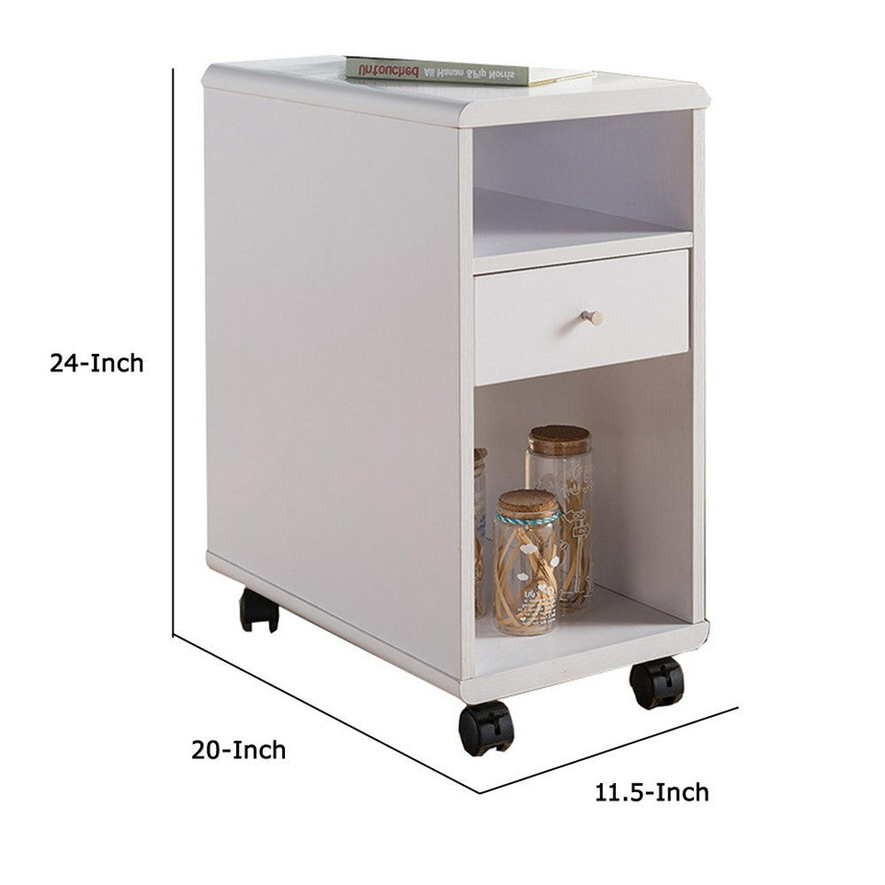 20 Inch Rolling Chairside Table Single Drawer 2 Open Shelves Crisp White By Casagear Home BM301554