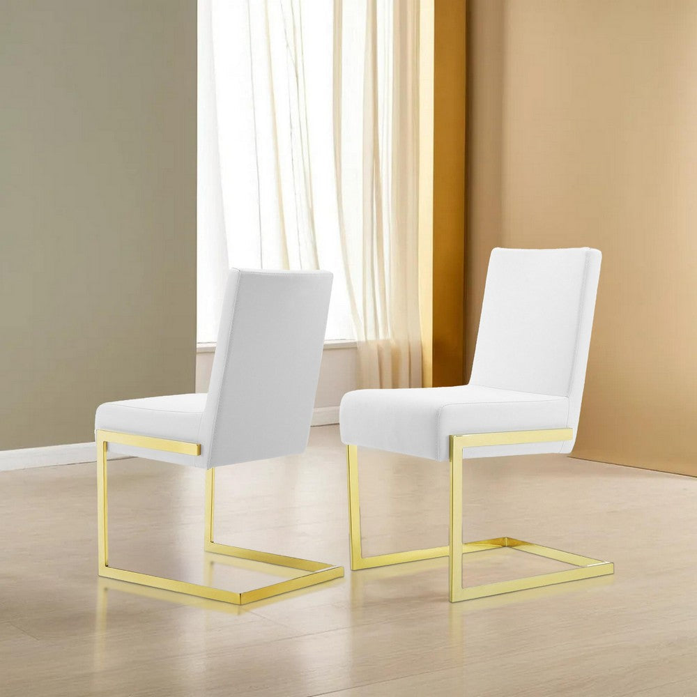 Set of 2 Dining Chairs, White Faux Leather, Gold Cantilever By Casagear Home