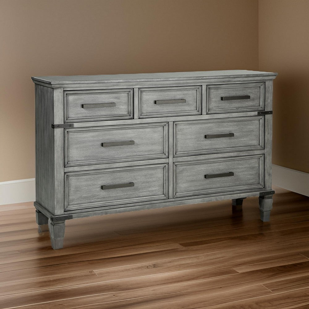 66 Inch Wide Wood Dresser with 7 Drawers Bar Handles Bun Feet Gray By Casagear Home BM302043