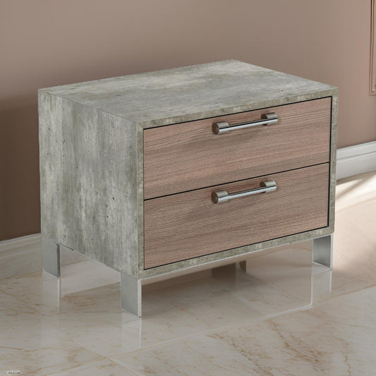 Noe Billy 26 Inch Nightstand, 2 Drawers, Gray Faux Concrete, Oak Laminate  By Casagear Home