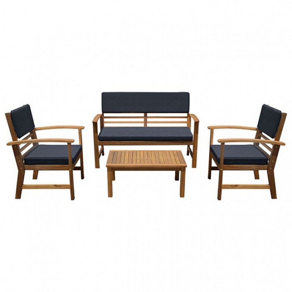 4 Piece Outdoor Patio Table, Loveseat, and Chairs Set, Blue, Brown Wood By Casagear Home