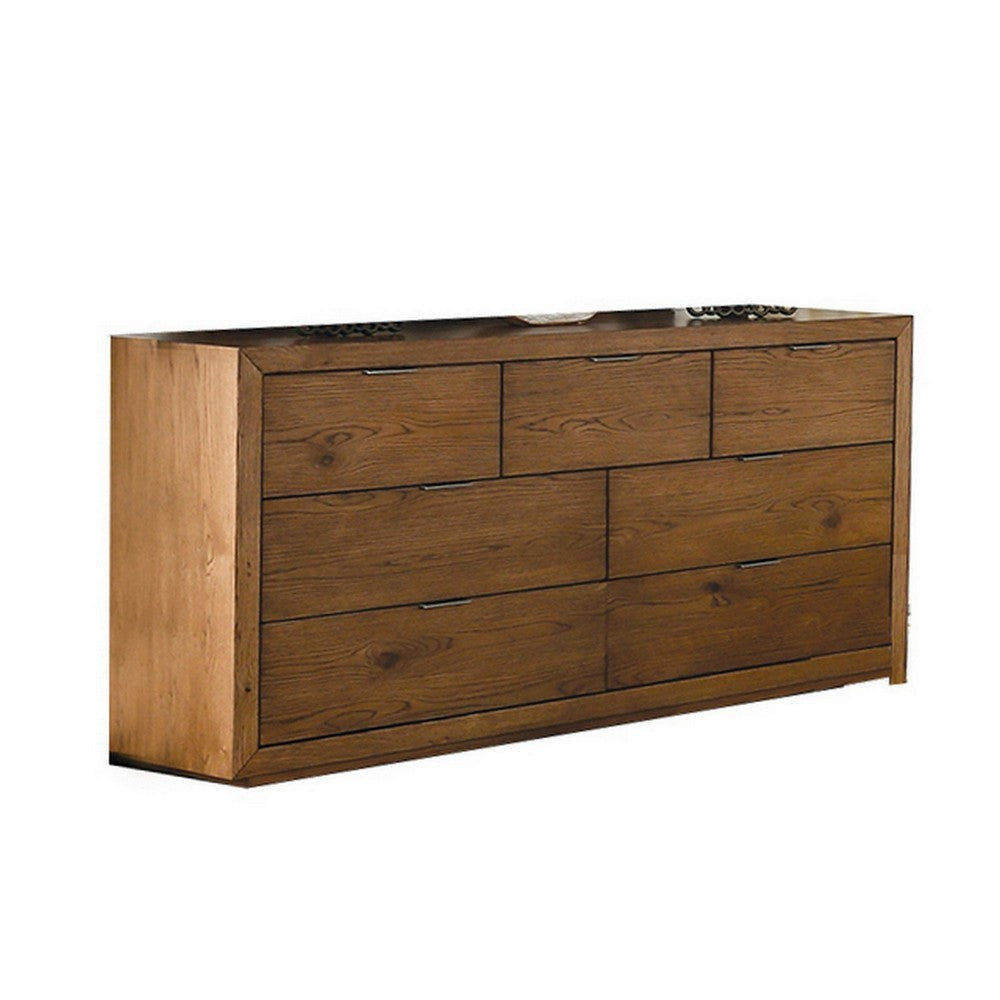 Lier 64 Inch Dresser, Walnut Brown Wood, 7 Drawers, Integrated Handles By Casagear Home