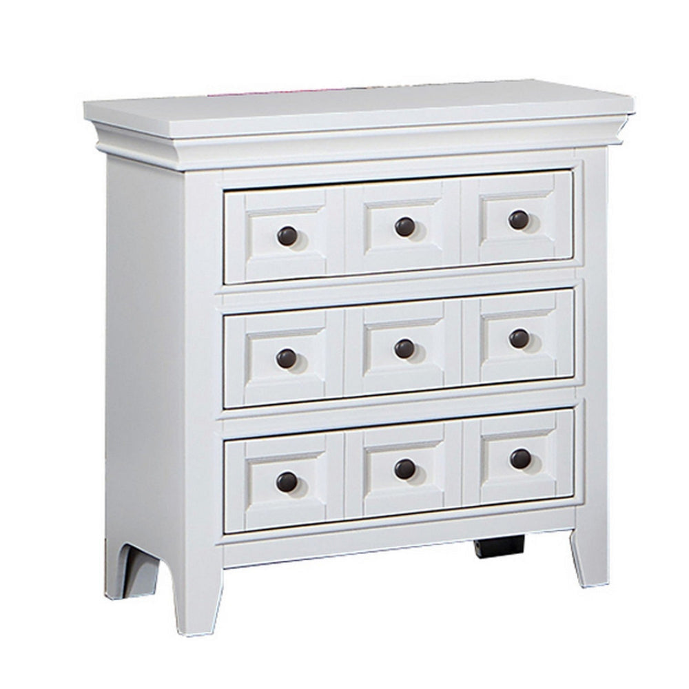 Cile 26 Inch Nightstand 3 Panel Drawers White Wood Round Nickel Handles By Casagear Home BM302178