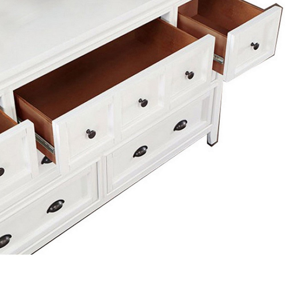 Cile 56 Inch Dresser 7 Gliding Drawers White Wood Round Nickel Handles By Casagear Home BM302179