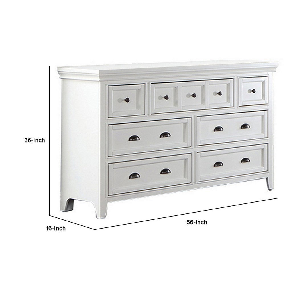 Cile 56 Inch Dresser 7 Gliding Drawers White Wood Round Nickel Handles By Casagear Home BM302179