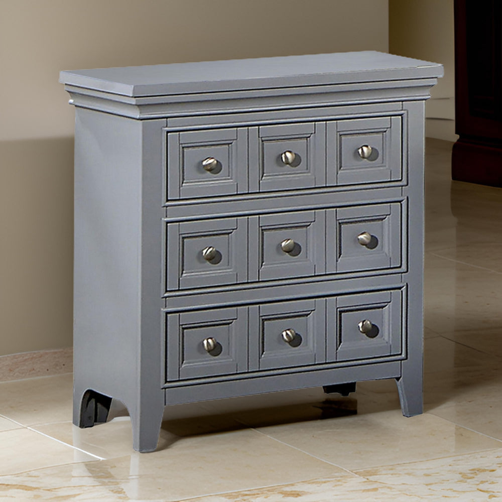 Cile 26 Inch Nightstand, 3 Panel Drawers, Gray Wood, Round Nickel Handles By Casagear Home