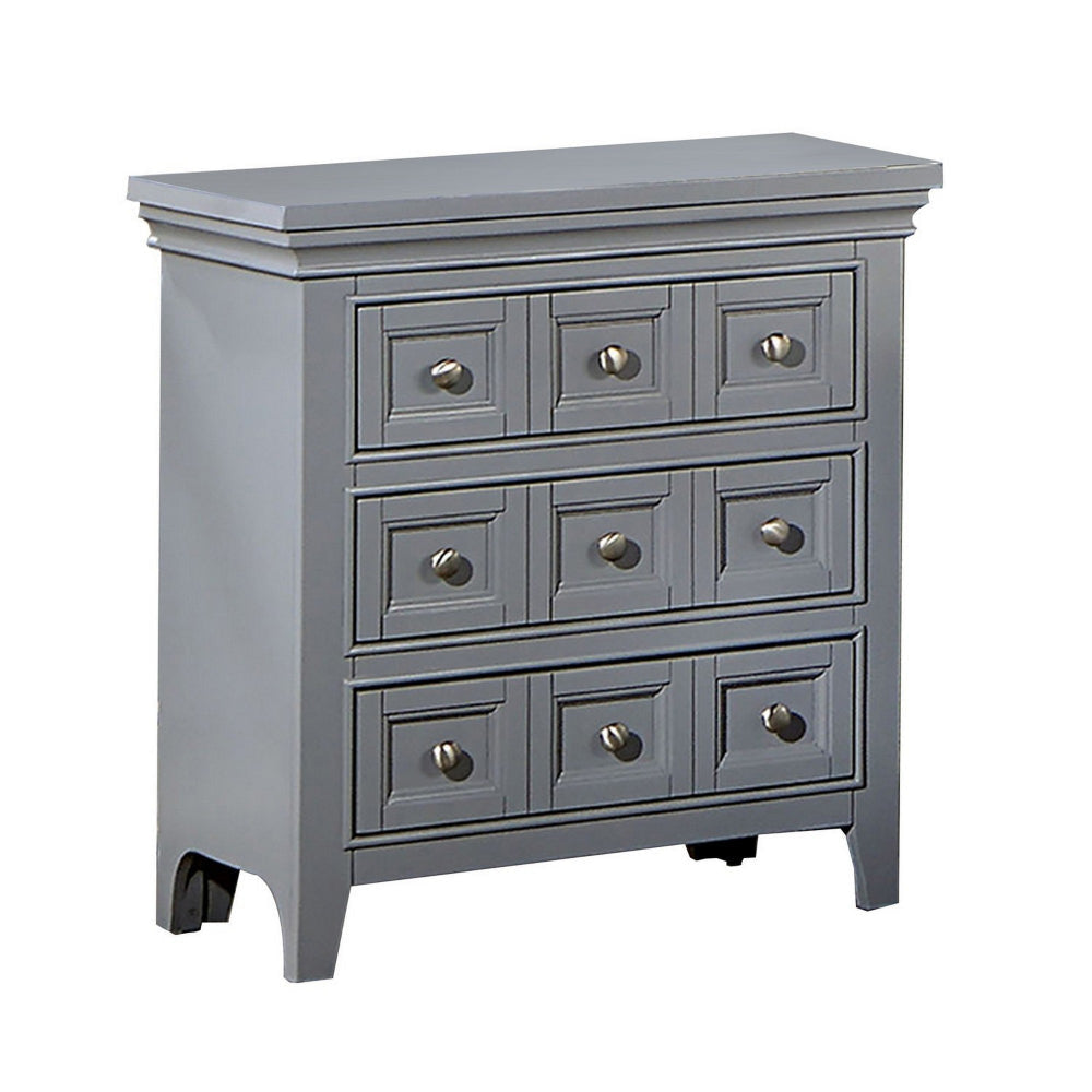 Cile 26 Inch Nightstand 3 Panel Drawers Gray Wood Round Nickel Handles By Casagear Home BM302180