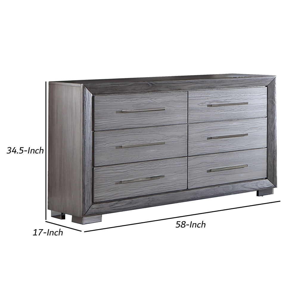 Reno 58 Inch Dresser 6 Drawers Chrome Handles Chrome Bracket Legs Gray By Casagear Home BM302182