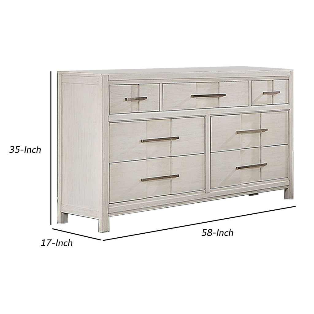 Varos 58 Inch Wide Dresser Chest 7 Drawers Nickel Bar Handles White By Casagear Home BM302192