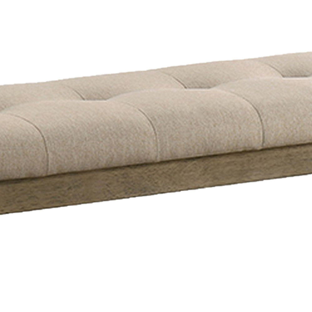 Alfa 48 Inch Farmhouse Bench Beige Fabric Tufted Seating Brown Wood By Casagear Home BM302200