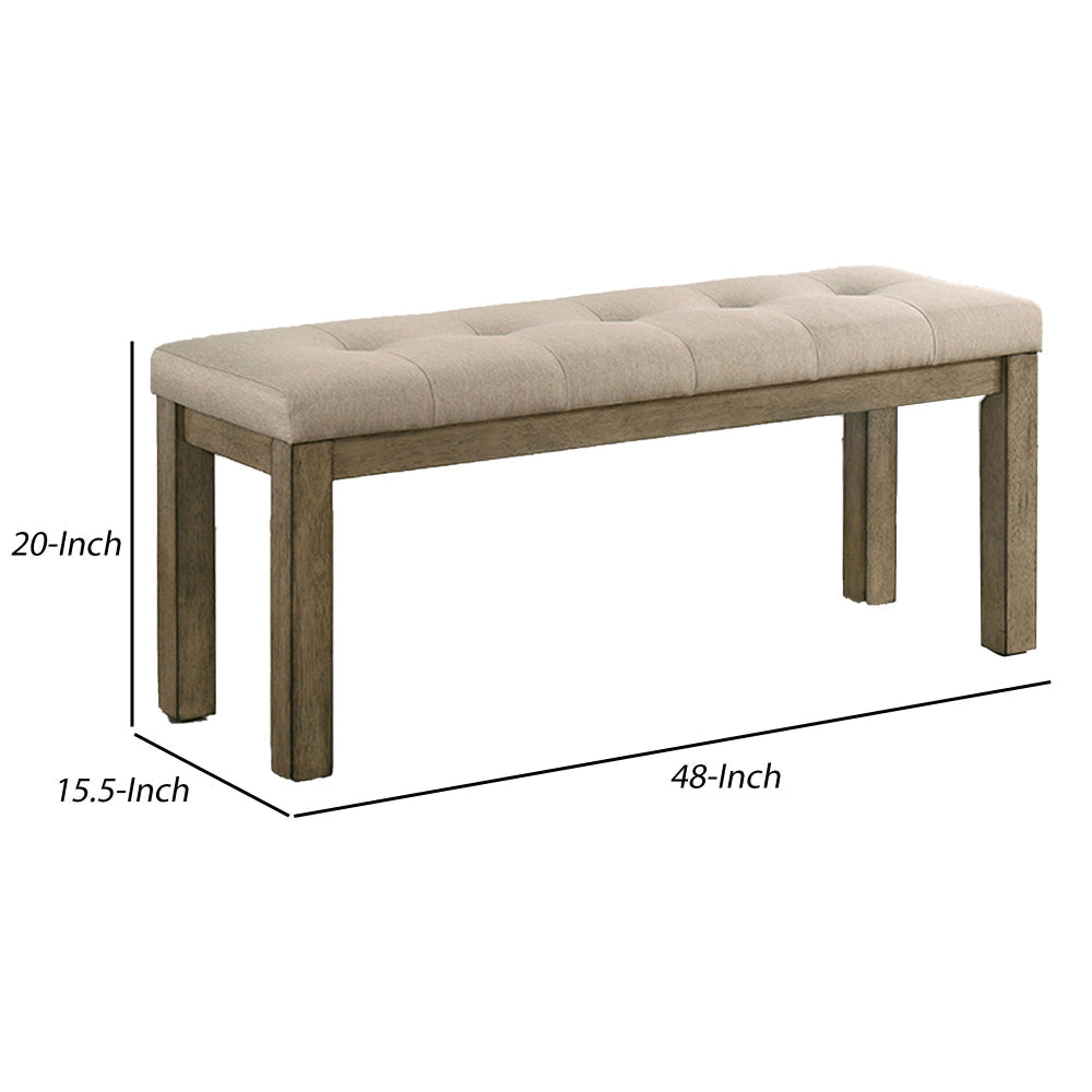 Alfa 48 Inch Farmhouse Bench Beige Fabric Tufted Seating Brown Wood By Casagear Home BM302200