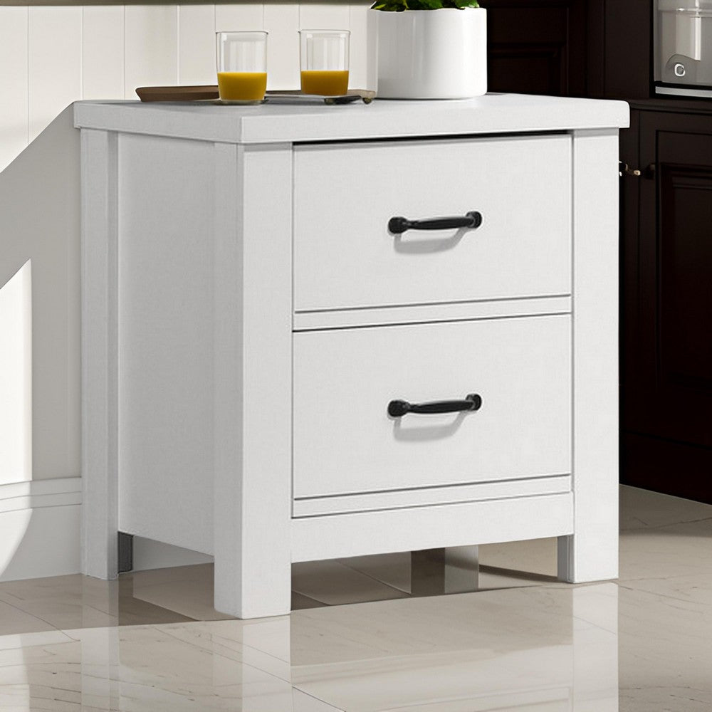 Jermy 22 Inch Nightstand, 2 Drawers, Black Handles, Crisp White Finish By Casagear Home