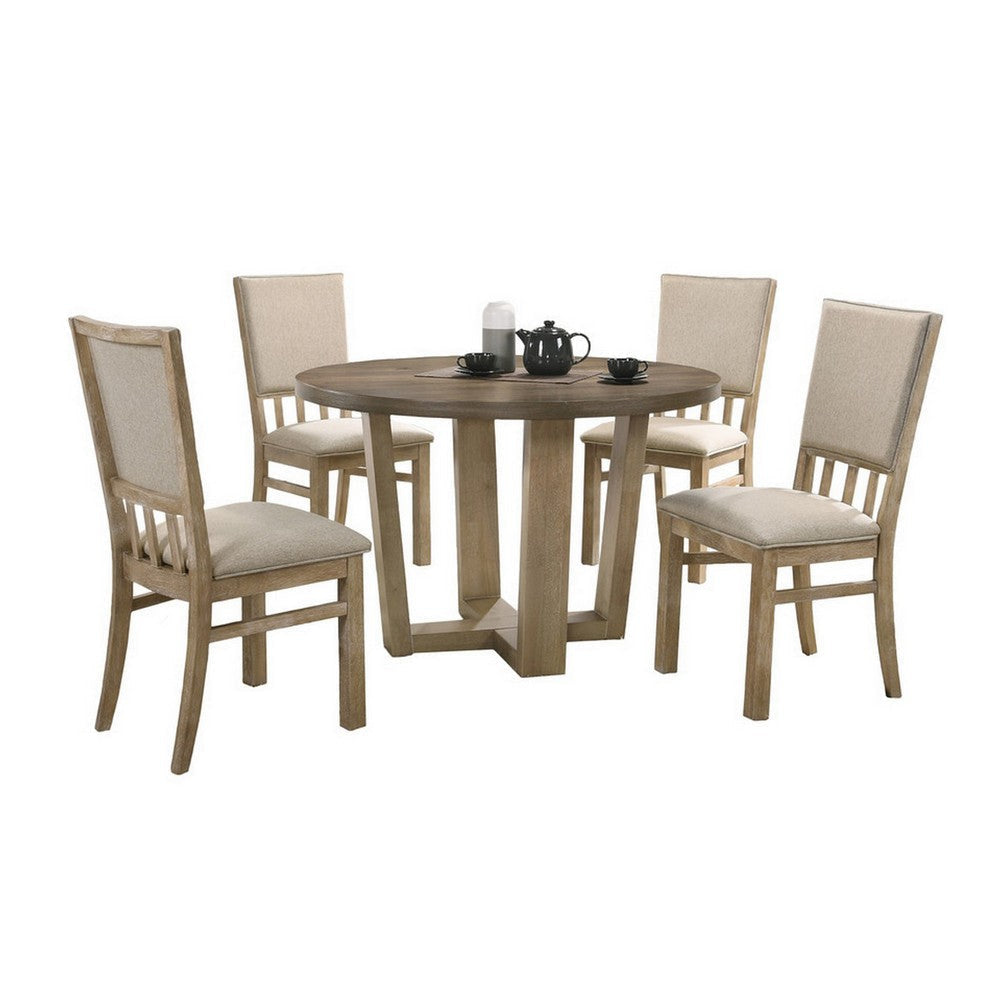 Tani 5pc Round Dining Table Set, 4 Chairs with Brown Beige Upholstery By Casagear Home