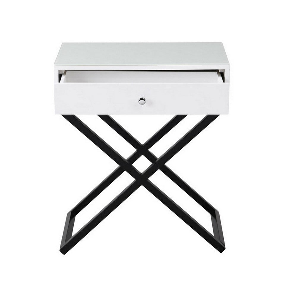 Zeno 27 Inch 1 Drawer Nightstand Glass Top Black Metal Cross Legs White By Casagear Home BM302301