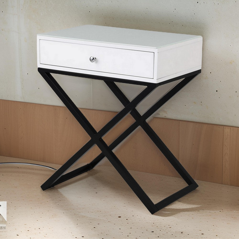 Zeno 27 Inch 1 Drawer Nightstand, Glass Top, Black Metal Cross Legs, White By Casagear Home