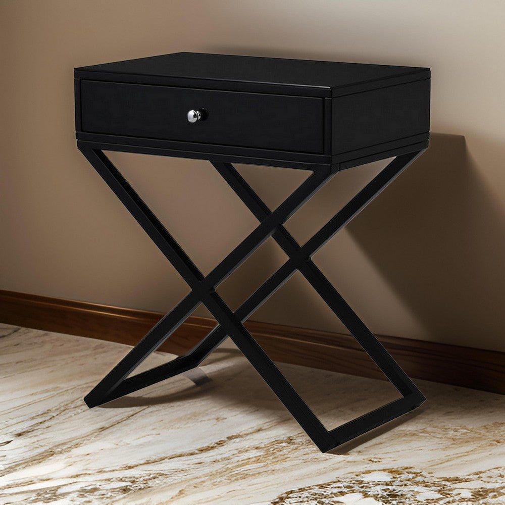 Zeno 27 Inch 1 Drawer Nightstand, Glass Top, Metal Cross Legs, Modern Black By Casagear Home