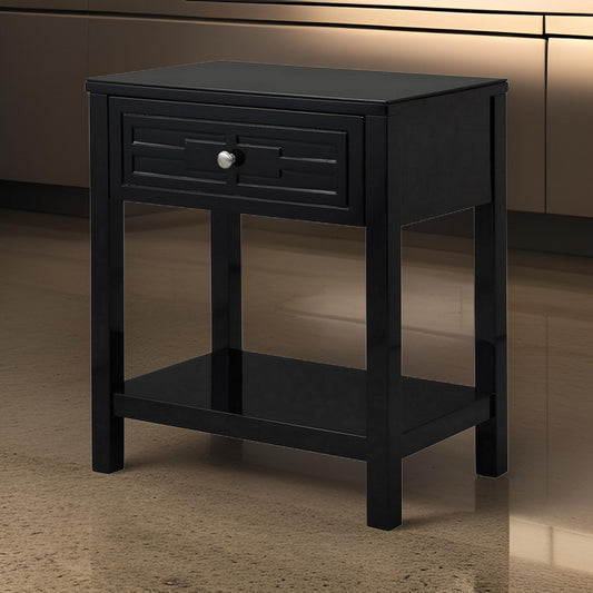 Fimo 27 Inch Nightstand with Drawer and Shelf, Glass Top, Modern Black Wood By Casagear Home