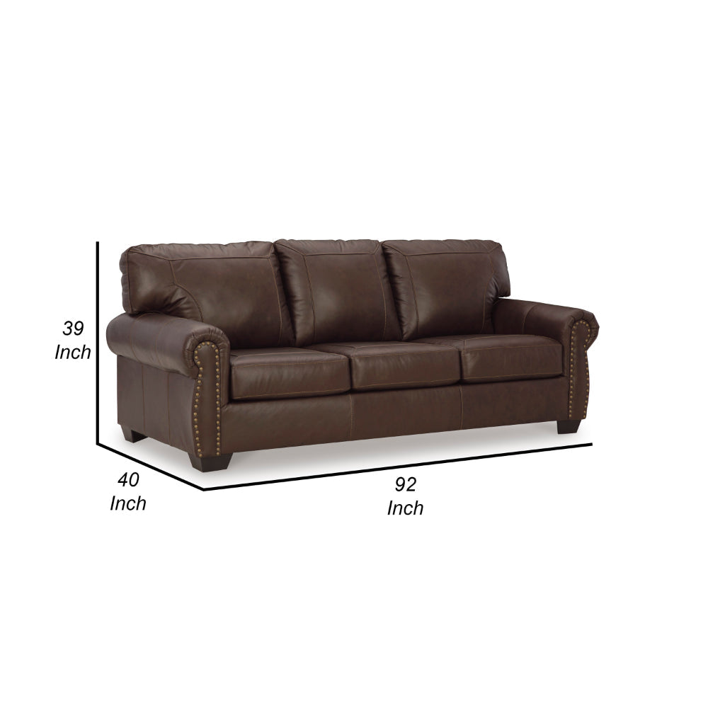 92 Inch Sofa Nailhead Trim Cushion Seating Brown Leather Upholstery By Casagear Home BM302394