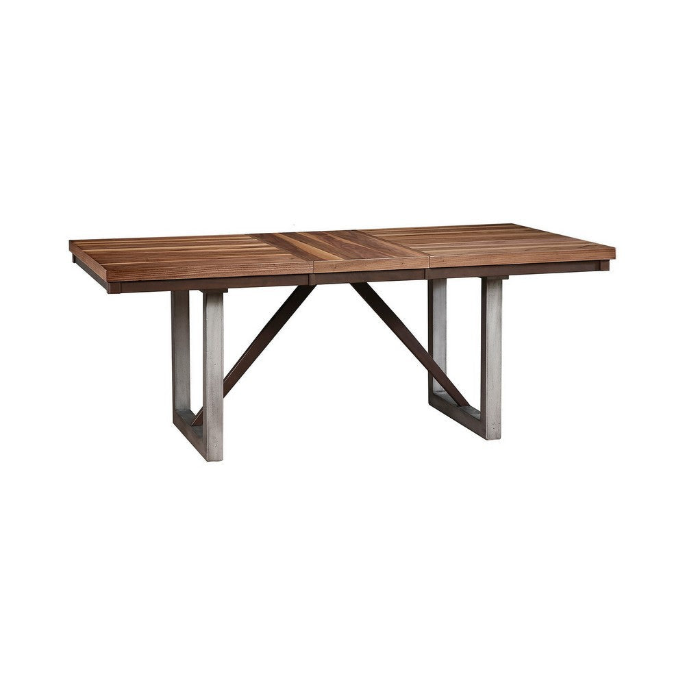 60-77 Inch Extendable Dining Table, Natural Brown Wood, Smooth Gray Metal By Casagear Home