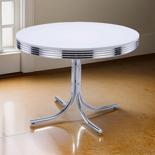 Loy 42 Inch Round Dining Table, Glossy White Wood Top, Ribbed Chrome Apron By Casagear Home