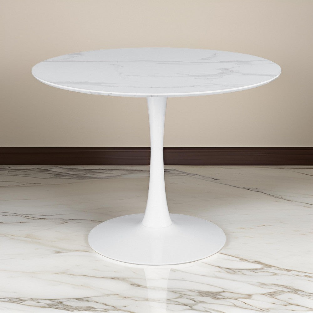 Loxi 40 Inch Round Dining Table, White Faux Marble Top, Tulip Accent Body By Casagear Home