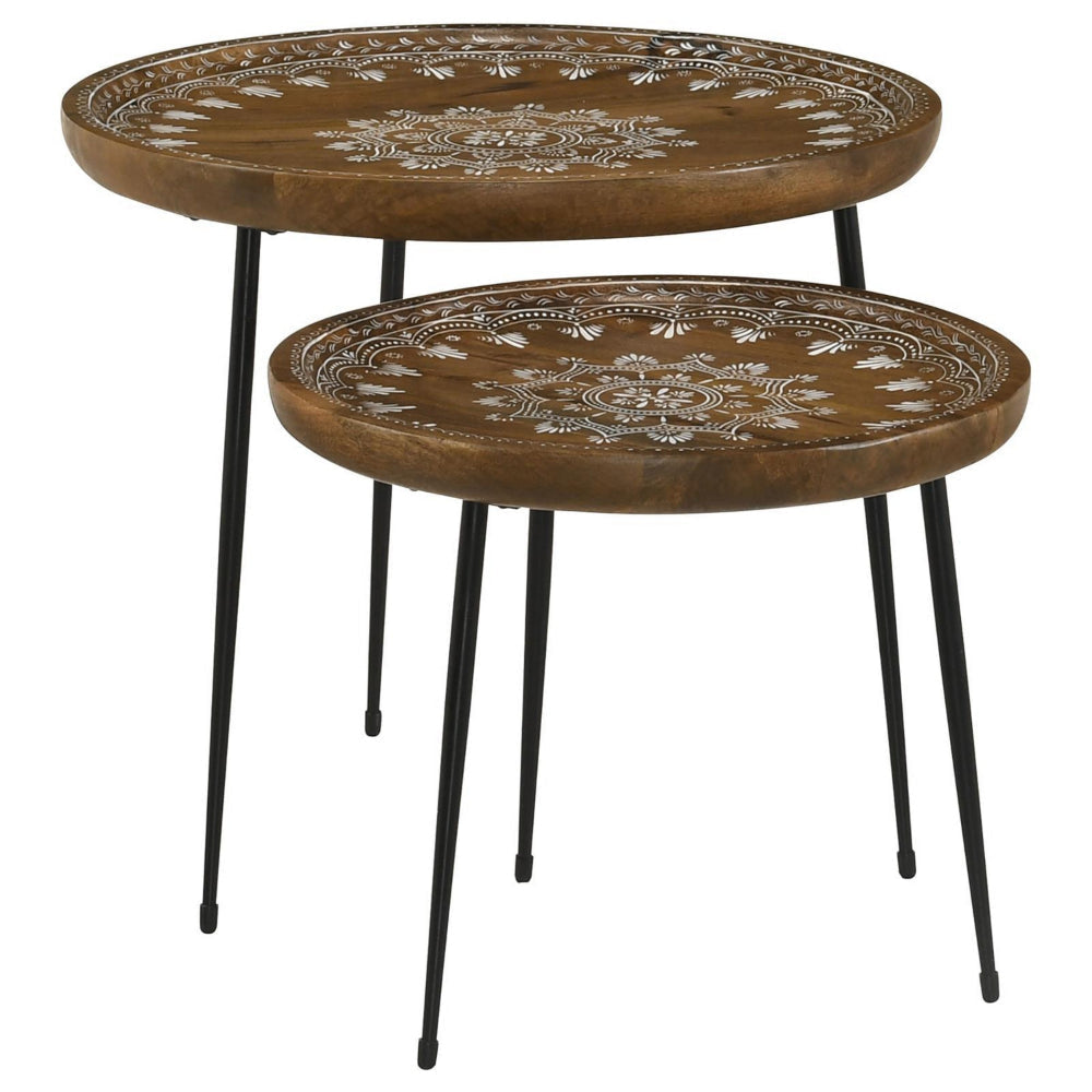 2 Piece Round Nesting Tray Top Table Set Carved Edges Motif Design Brown By Casagear Home BM302468