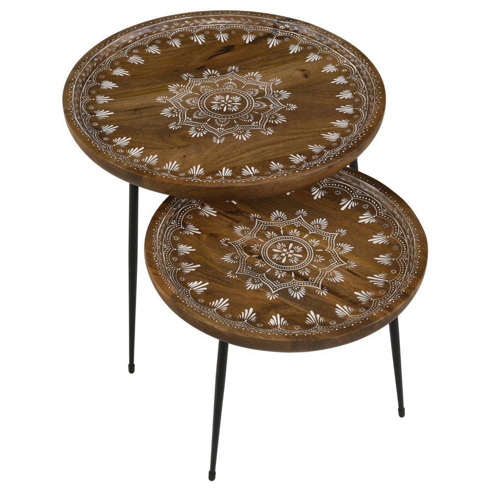 2 Piece Round Nesting Tray Top Table Set Carved Edges Motif Design Brown By Casagear Home BM302468