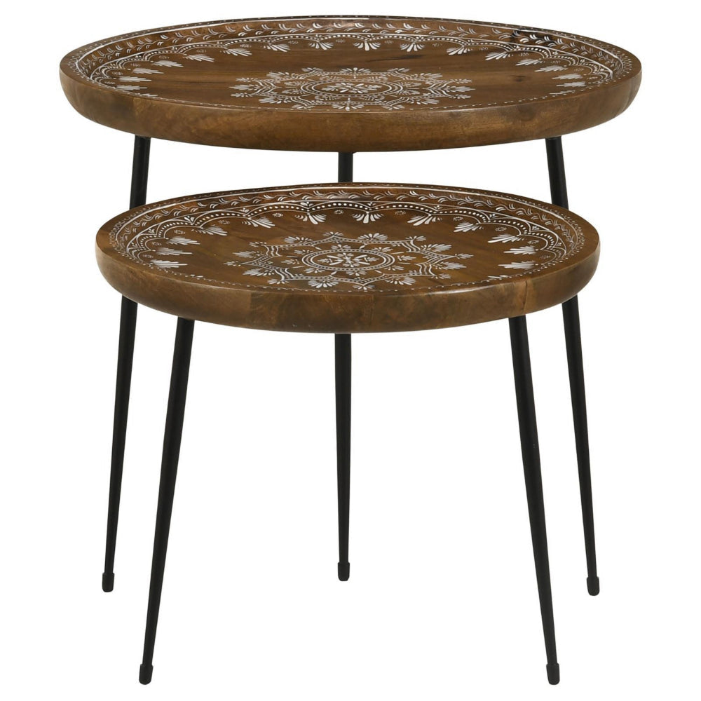 2 Piece Round Nesting Tray Top Table Set Carved Edges Motif Design Brown By Casagear Home BM302468