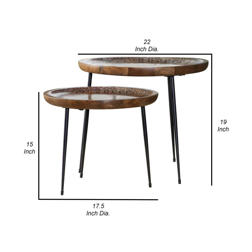 2 Piece Round Nesting Tray Top Table Set Carved Edges Motif Design Brown By Casagear Home BM302468