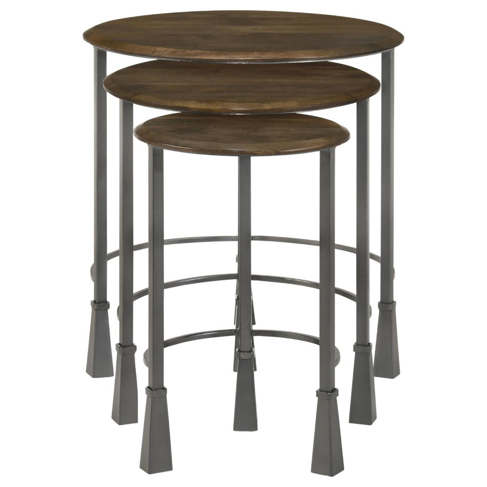 3 Piece Round Nesting End Table Set Sleek Gray Iron Legs Mango Brown Wood By Casagear Home BM302469