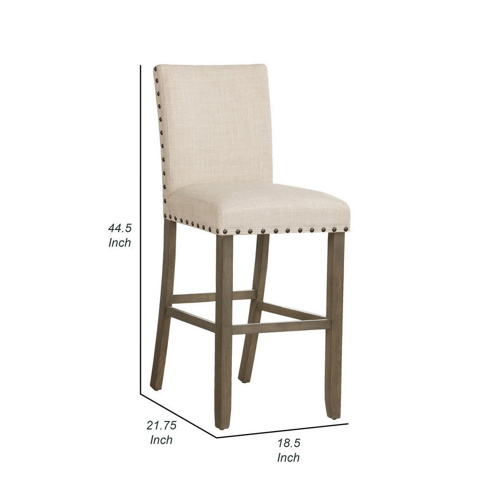 Lok 30 Inch Wood Barstool Set of 2 Nailhead Trim Padded Seating Beige By Casagear Home BM302479