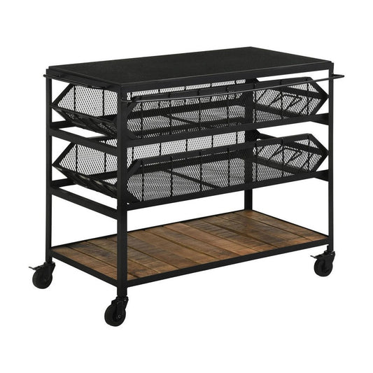 39 Inch Storage Cart, Lockable Caster Wheels, Wood Grain Details, Black By Casagear Home