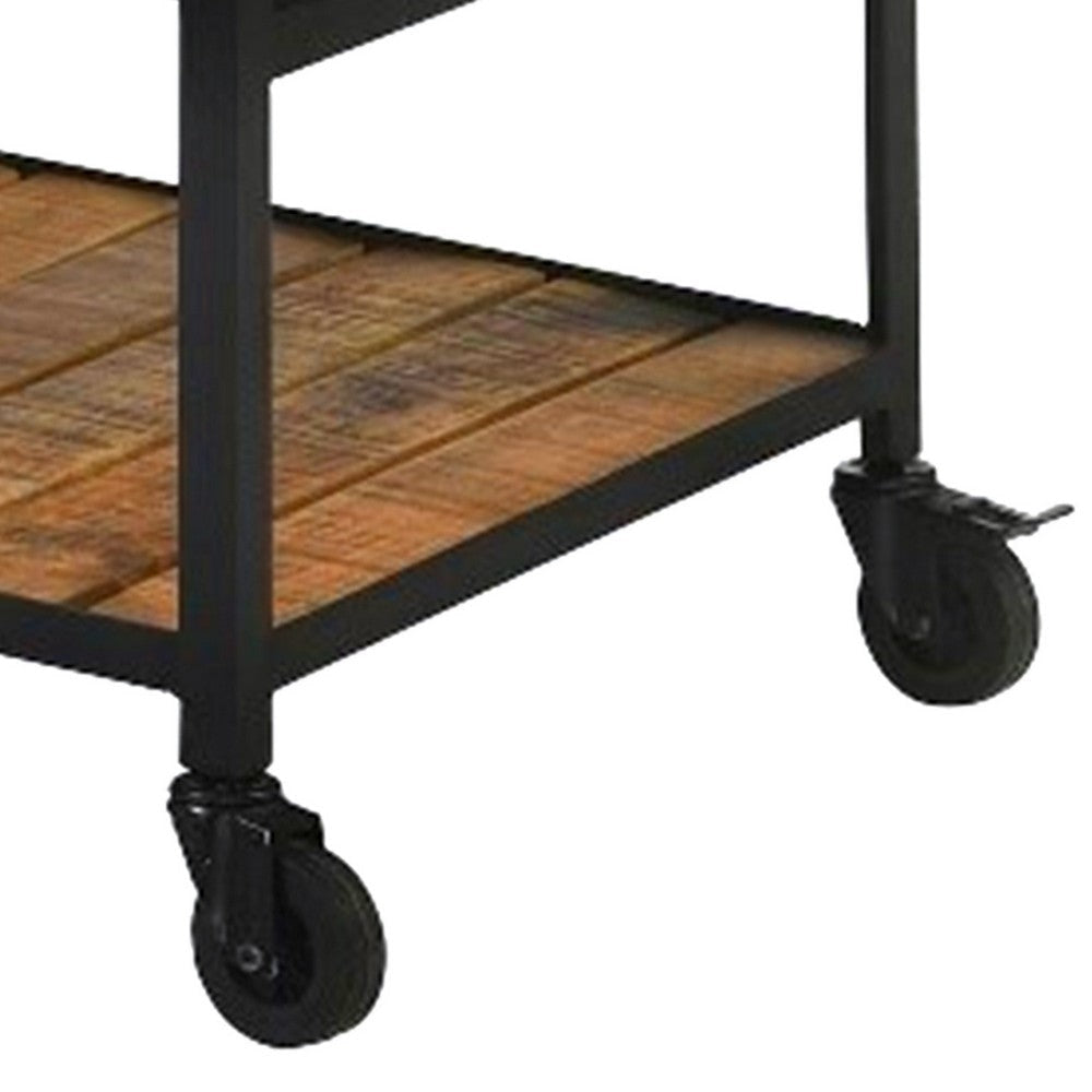 39 Inch Storage Cart Lockable Caster Wheels Wood Grain Details Black By Casagear Home BM302488