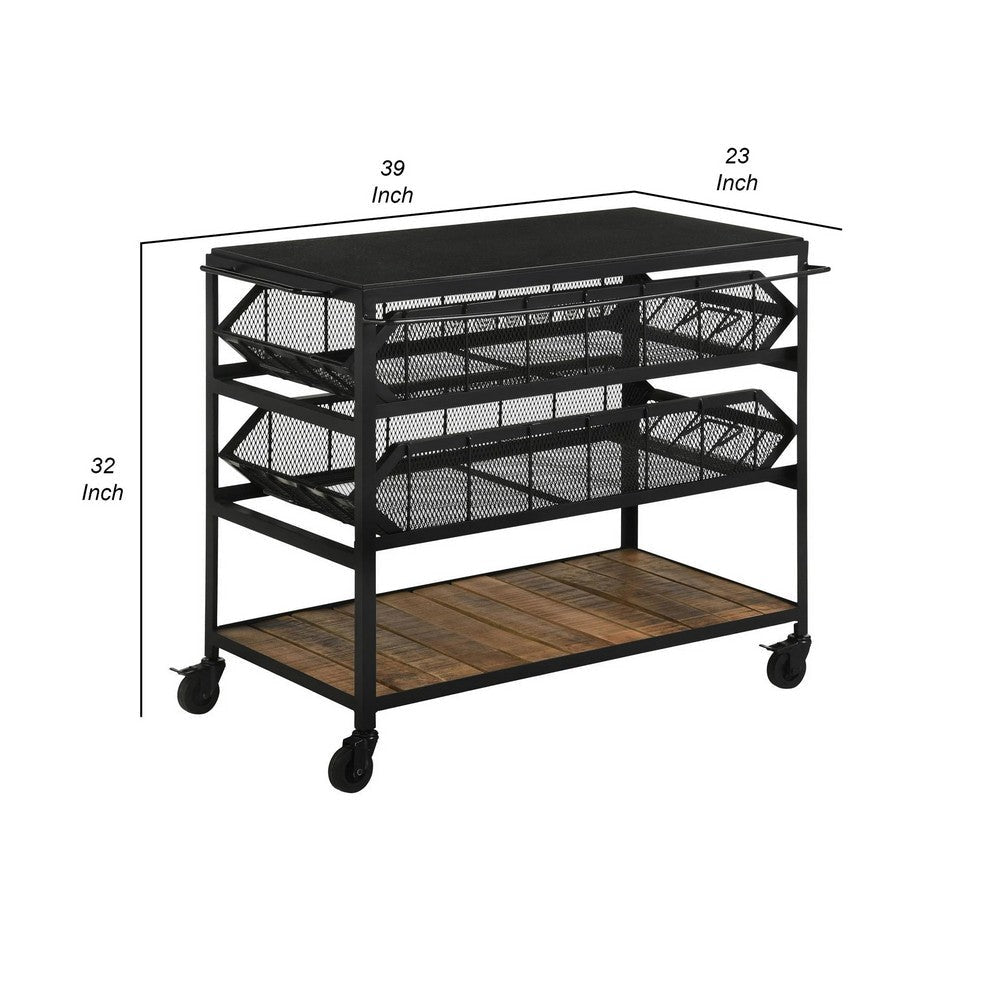 39 Inch Storage Cart Lockable Caster Wheels Wood Grain Details Black By Casagear Home BM302488