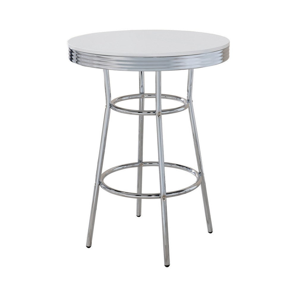 42 Inch Round Bar Table, Ribbed Apron, Glossy White Lacquer, Retro Style By Casagear Home