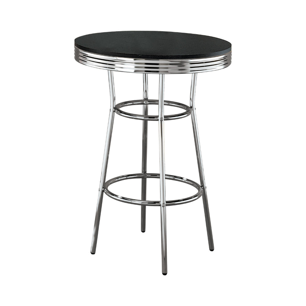 42 Inch Round Bar Table, Ribbed Apron, Glossy Black Lacquer, Retro Style By Casagear Home