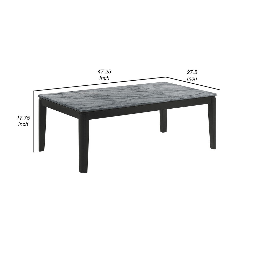 Kyo 47 Inch Coffee Table Gray Faux Marble Top Sandy Texturing Black Legs By Casagear Home BM302514