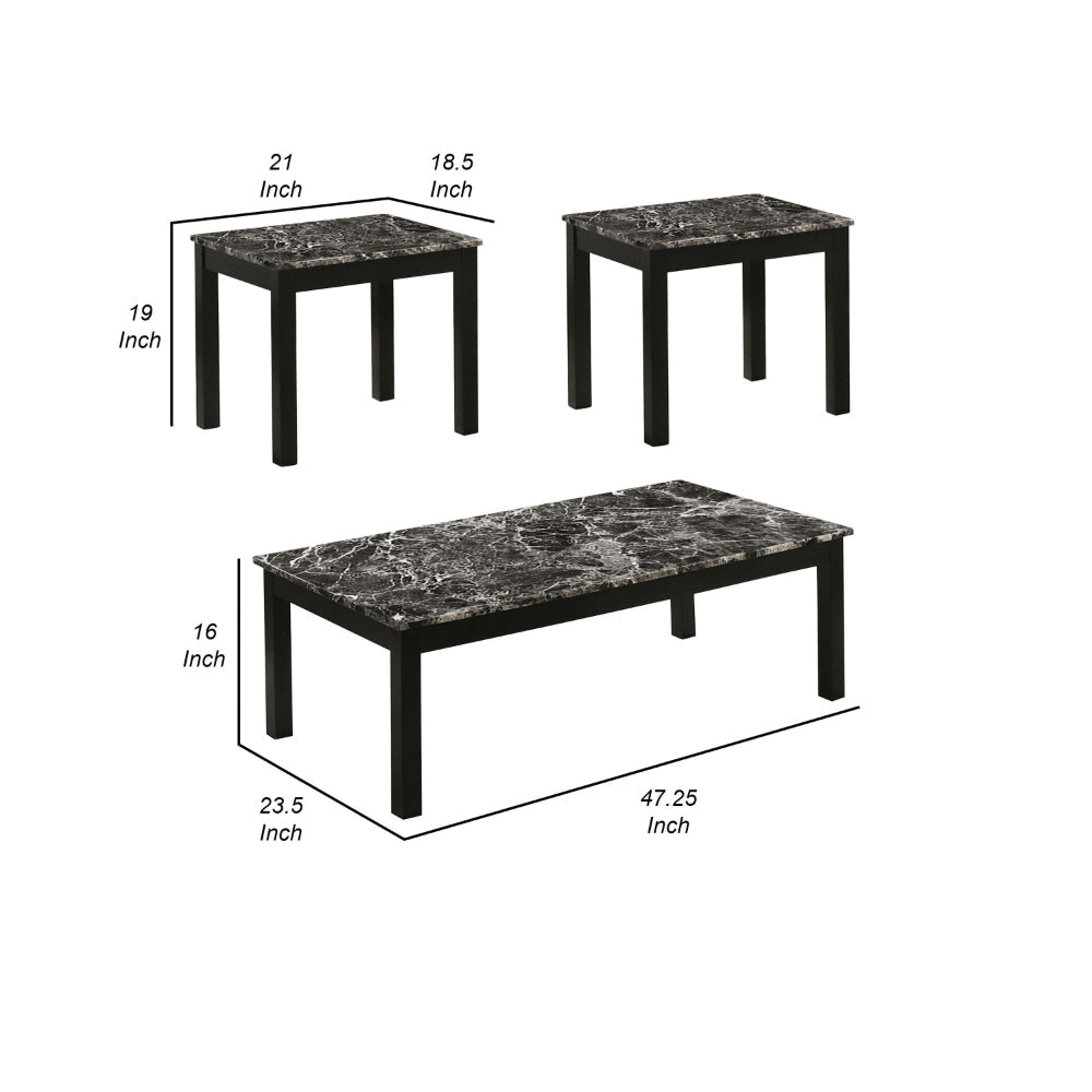 3 Piece Coffee Table and End Table Set Faux Marble Surface Black Motif By Casagear Home BM302517