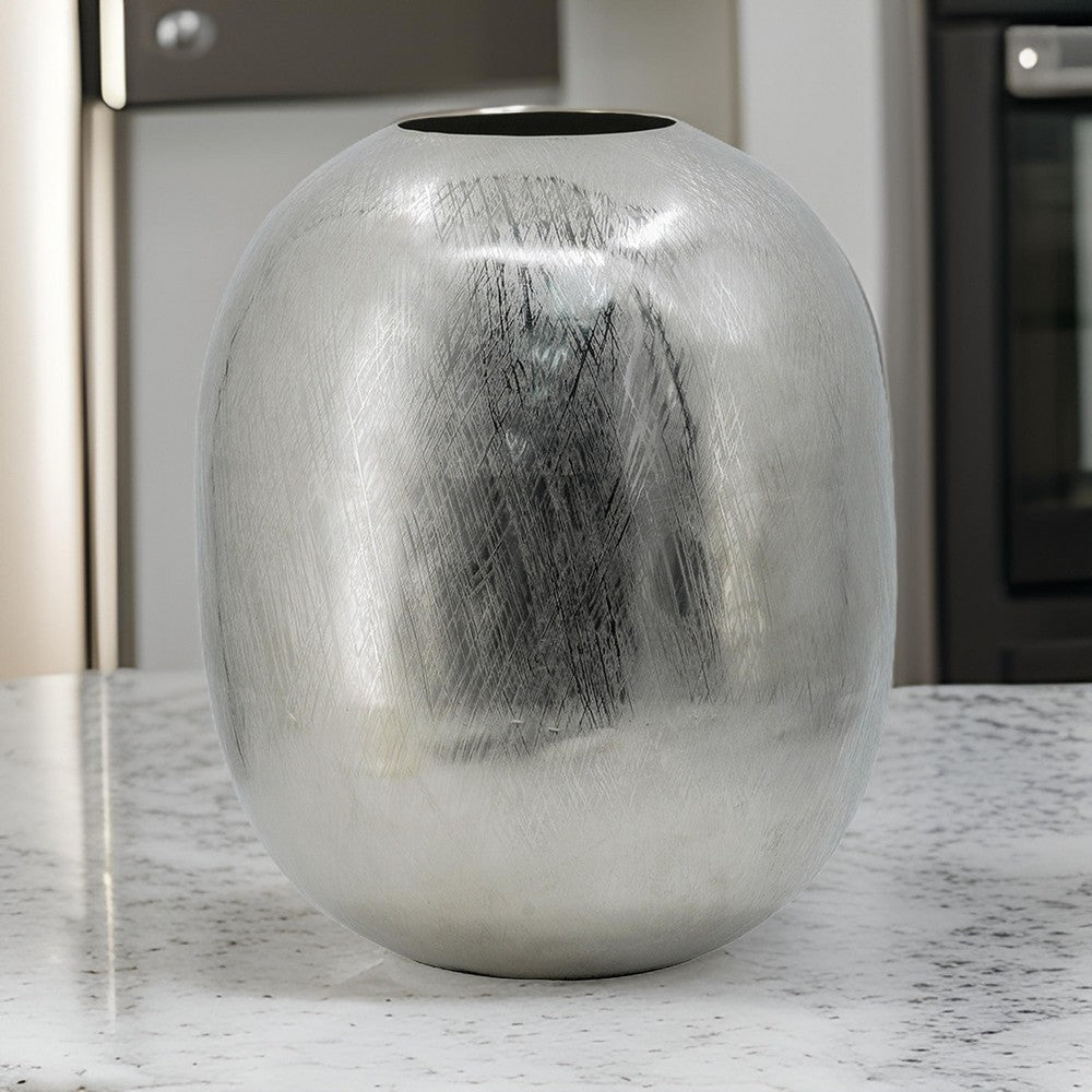 Chan 13 Inch Modern Metal Vase, Curved Round Shape, Metallic Silver Finish By Casagear Home