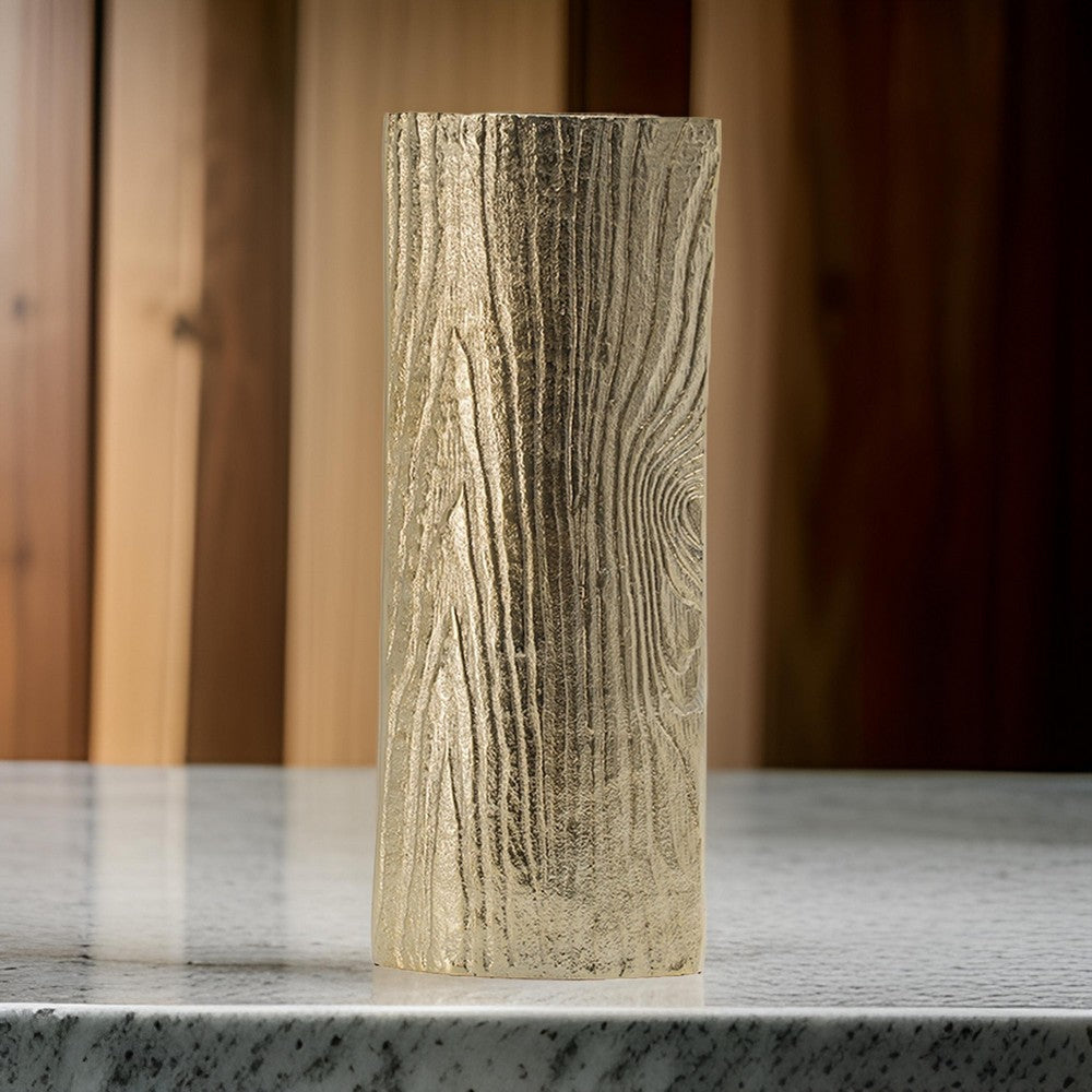 15 Inch Modern Vase, Naturalistic Tree Trunk Texture, Shiny Gold Finish By Casagear Home